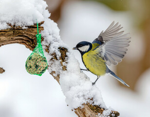 Bird landing on a snowy branch wings outstretched. Ai