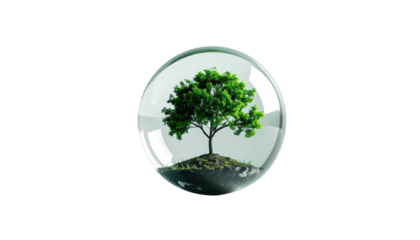 A vibrant, green tree enclosed within a clear glass sphere floating in darkness