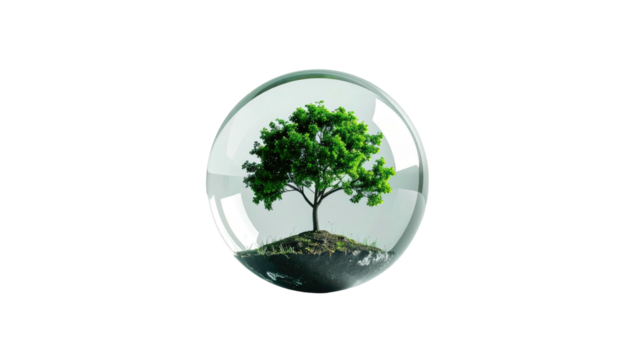 A vibrant, green tree enclosed within a clear glass sphere floating in darkness