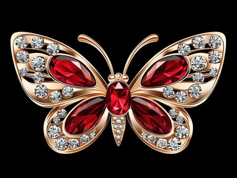 Precious ruby butterfly brooch jewelry gold accessory. beautiful symbol of elegance and passion with sparkling diamond