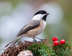 Bird perched on a nest with pine needles and berries. Ai