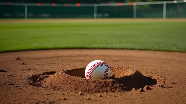 Close up on baseball resting in a pitching mound on a bright, green baseball field during a sunny day for sports games
