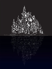 An illustration of a white outline of a small island overgrown with forest, reflected in the water, on a dark background. For use in prints in the style of the beauty of nature.