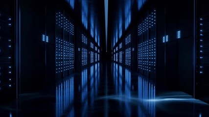 Navigate a modern data center aisle with blinking server lights, feeling the cool air and humming servers, perfect for illustrating cloud computing and next generation technology - Powered by Adobe