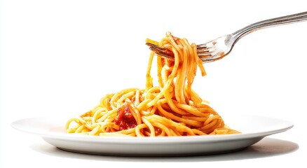 Forkful of spaghetti with tomato sauce on a plate