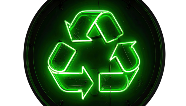 Glowing green neon sign in the dark, depicting the recycling symbol