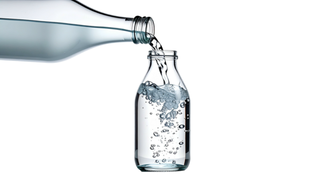 Two glass bottles, one pouring clear liquid into the other against a black backdrop