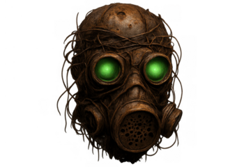 Rusted steampunk gas mask with glowing green eyes, depicting a mysterious post-apocalyptic survivor character, transparent background