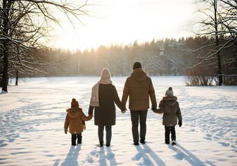 Family of four holding hands walking away in snowy winter park during sunset