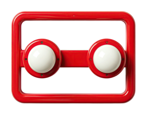 Close-up of a red rectangular frame with two round, off-white domes, suggesting a playful design