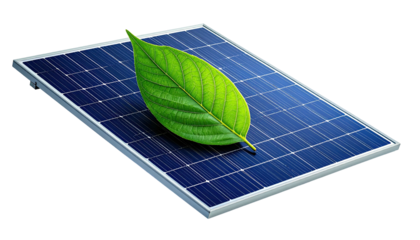 Solar panel with a green leaf placed on it, representing eco-friendly energy
