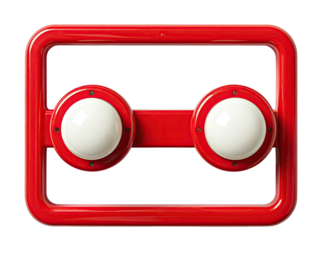 Close-up of a red rectangular frame with two round, off-white domes, suggesting a playful design - Powered by Adobe