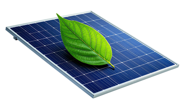 Solar panel with a green leaf placed on it, representing eco-friendly energy