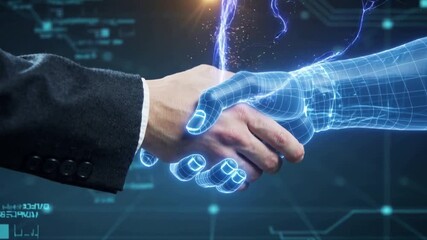 Futuristic handshake between a human and a digital hand, illustrating collaboration and innovation in technology driven business with a modern and vibrant feel, dynamic interaction - Powered by Adobe