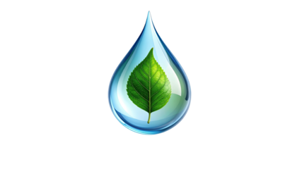 Clear water droplet enclosing a green leaf, set against a stark black backdrop