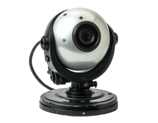Close-up of a silver spherical security camera mounted on a circular black base