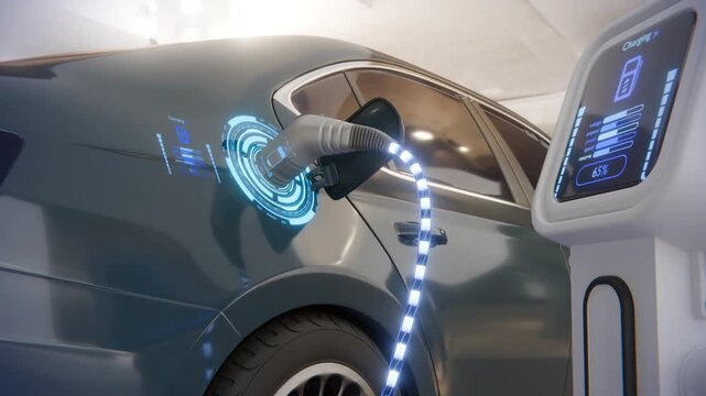 Ecology concept charge car. Battery charge auto and hologram level indicators. Discharged and fully charged battery. Close up car and charge system Indicator with futuristic HUD elements. 3d render