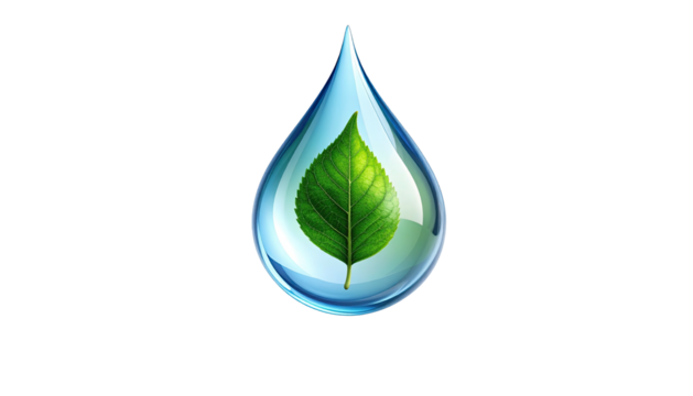 Clear water droplet enclosing a green leaf, set against a stark black backdrop