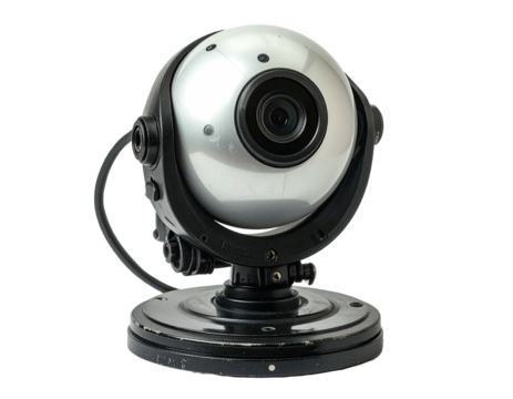 Close-up of a silver spherical security camera mounted on a circular black base