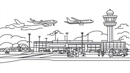 Fototapeta premium Airport scene with planes, people, and vehicles for transport or travel related designs