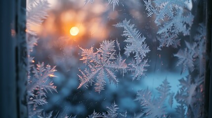 Close up of frost patterns on a window with sunlight shining through creating a wintery scene view