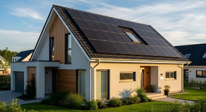 New suburban house with a photovoltaic system on the roof. Modern eco friendly passive house with solar panels on the roof, with sunlight in the morning