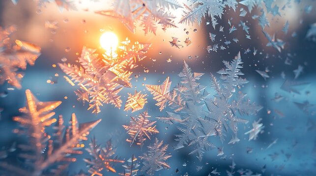 Close up of frost patterns on a window with sunlight shining through creating a winter wonderland scene - Powered by Adobe