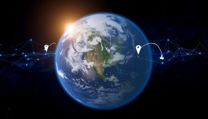 Global connections radiating across Earth with glowing network, perfect for illustrating international business reach and worldwide communications networks