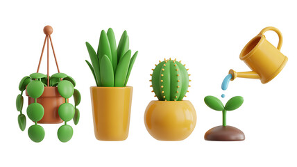 3D Cartoon Potted Plants and Watering Can on White Background cactus succulent