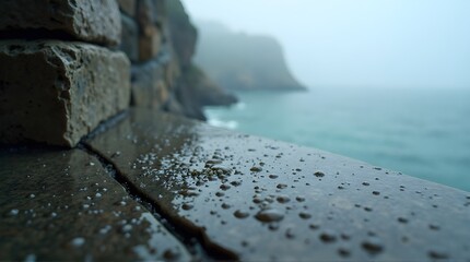 Dreamy ocean view from a wet stone balcony wall on a misty day, perfect for travel blogs and peaceful meditation content, creating a serene and calming feeling of coastal escape