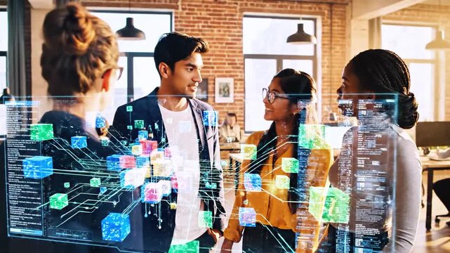 Four diverse colleagues gather, interacting with a holographic display of data cubes - Powered by Adobe