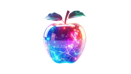 A glossy, cosmic apple illustration with stylized leaves, radiating light on a black background