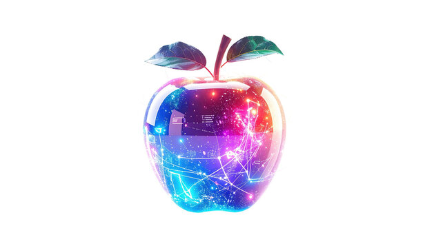 A glossy, cosmic apple illustration with stylized leaves, radiating light on a black background