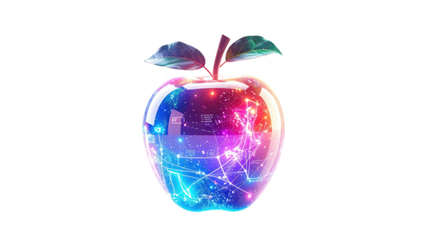 A glossy, cosmic apple illustration with stylized leaves, radiating light on a black background