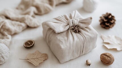 Fototapeta premium Eco-friendly Christmas gift wrapped in fabric with minimal natural decor