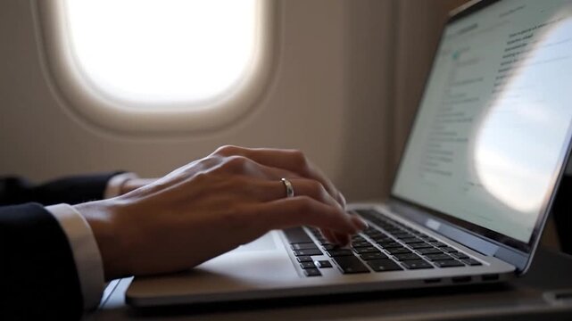 A person types on a laptop inside an aircraft near a window. Sunlight illuminates the window