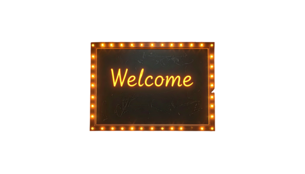 Glowing "Welcome" sign, framed by illuminating bulbs on a dark, textured background
