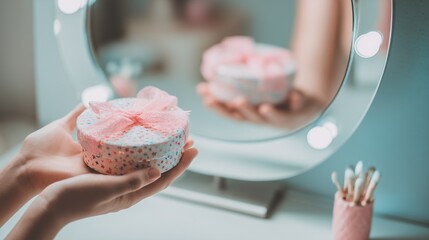 Hands holding pastel gift in front of mirror with smiling reflection, self love concept