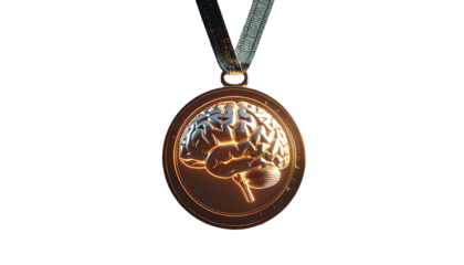 A bronze medal on black background, showcasing an illuminated brain