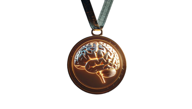 A bronze medal on black background, showcasing an illuminated brain