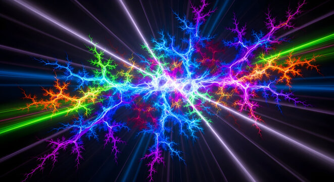 Colorful fractal design with branching patterns and light rays on a dark background.