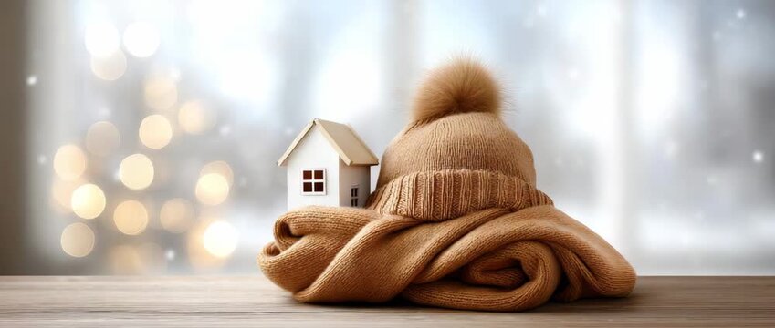 A cozy knit hat rests on soft fabric beside a charming miniature house, creating a warm atmosphere perfect for winter