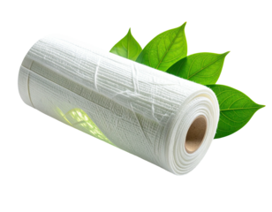 A white roll of textured material with vibrant green leaves against a transparent background