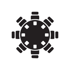 Obraz premium A black and white graphic of a round table with eight chairs evenly spaced around it in a circle