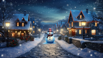 Snowman standing in a charming christmas village, glowing lanterns and festive lights, magical winter evening, greeting card style