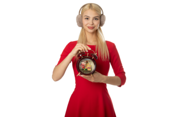 Woman holding vintage alarm clock – PNG, transparent background