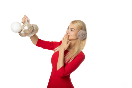 Woman holding Christmas ornaments – PNG, transparent background