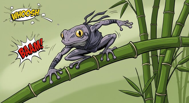 Dynamic Purple Frog Leaping on Bamboo Stalk with Comic Book Sound Effects.
