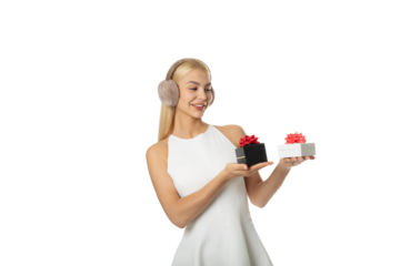 Woman holding two gift boxes – PNG, transparent background
