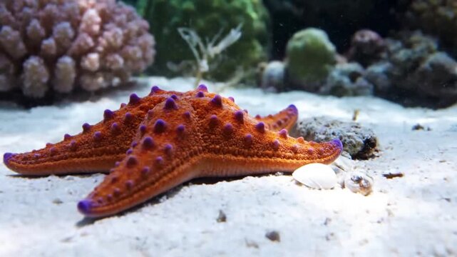 Macro shot revealing the intricate textures and vibrant colors of a single starfish, highlighting its unique anatomical features and delicate tube feet.